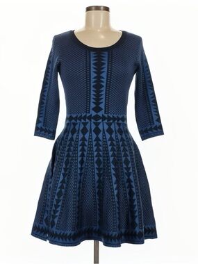 Nina Leonard Blue Patterned Fit-and-Flare Dress Size XL